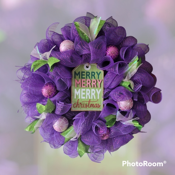 Purple, Pink, and Green Christmas Wreath Door Hanger with Ribbons and Merry Sign - Picture 4 of 4
